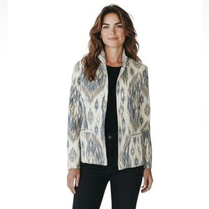 Chicos Womens Ikat Open Front Jacket Size Large Cream Blue Aztec Career Office